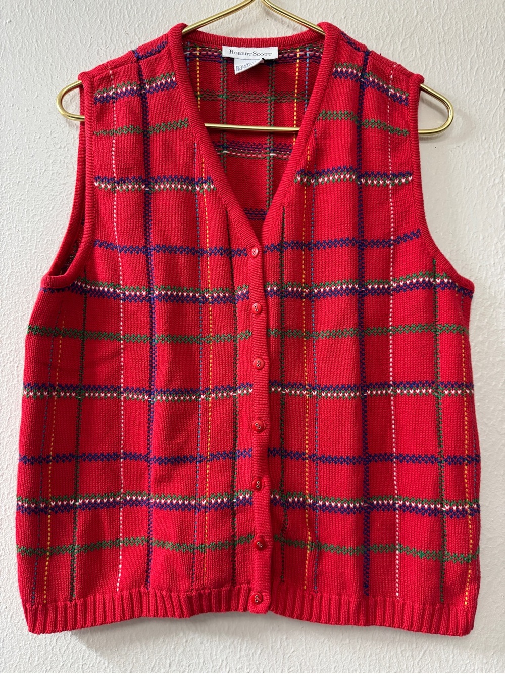 Robert Scott Red Plaid Knit Button Front Vest